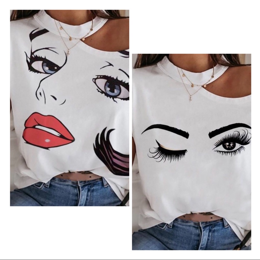 2/$25 Womans Lips Face Cold Shoulder Sexy Tops
